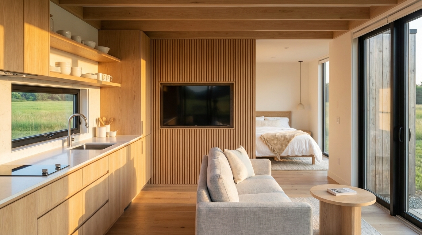 Intérieur d’un module Premium Bellora — cuisine et séjour